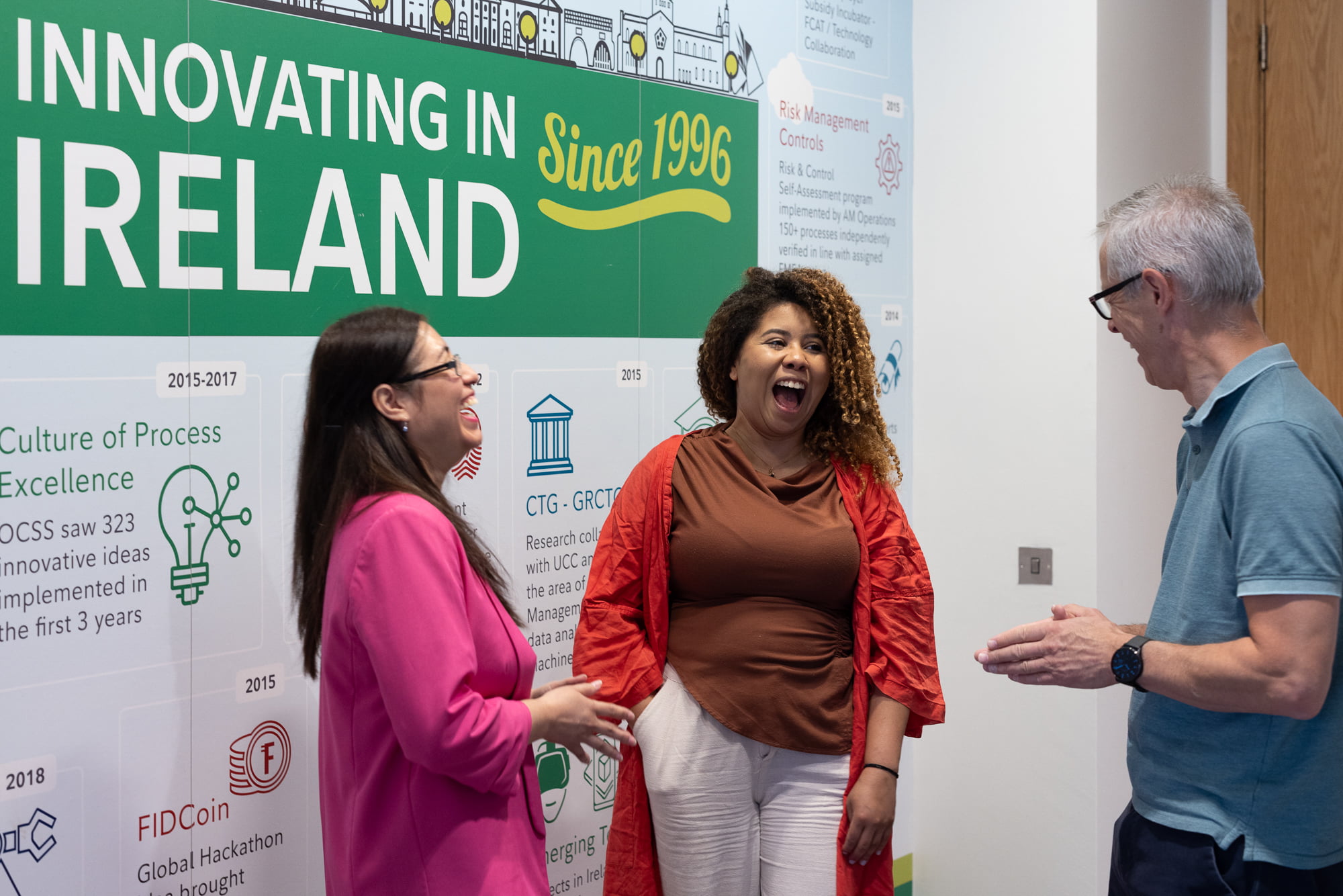 Three Fidelity associates laughing as they talk in front of a sign that says "Innovating in Ireland since 1996"