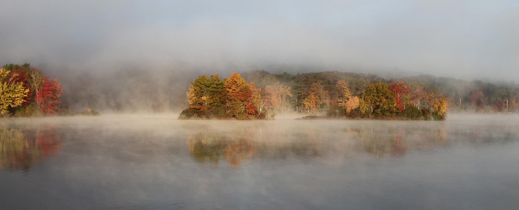 a foggy lake with trees and fog