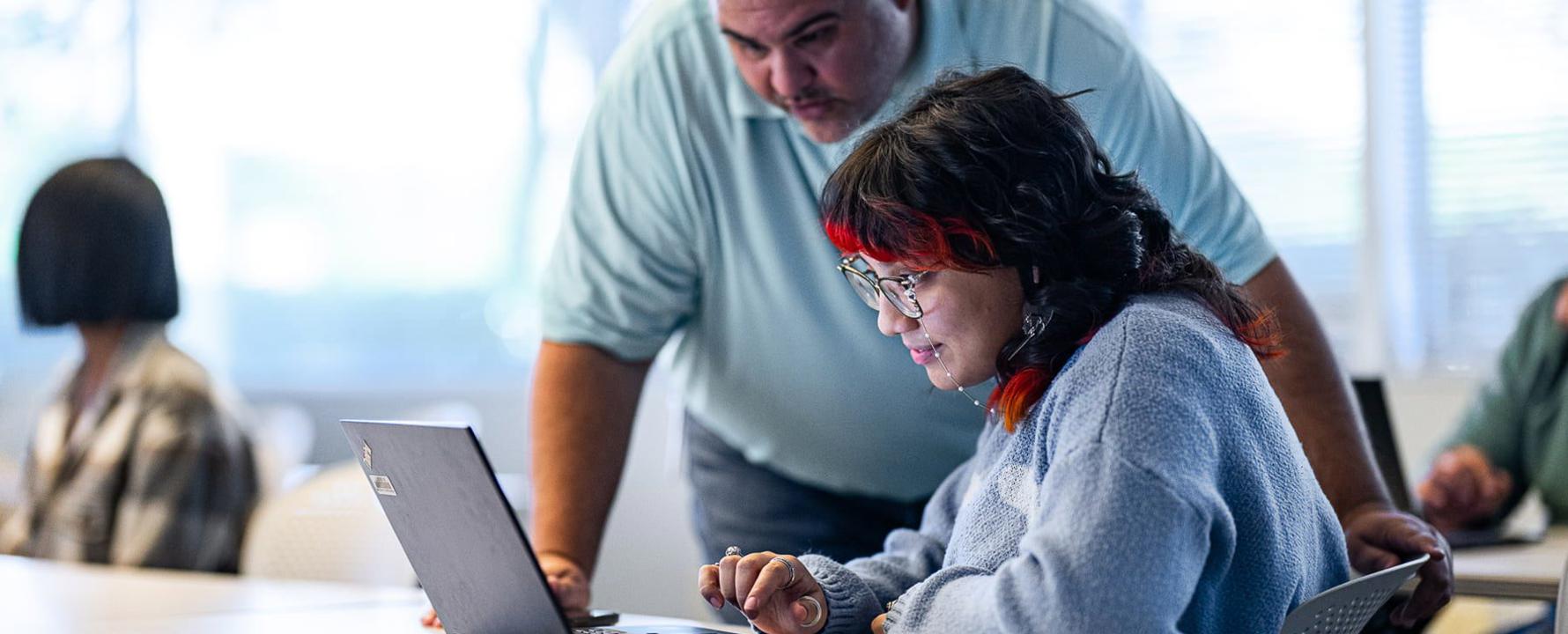 a person and person looking at a laptop