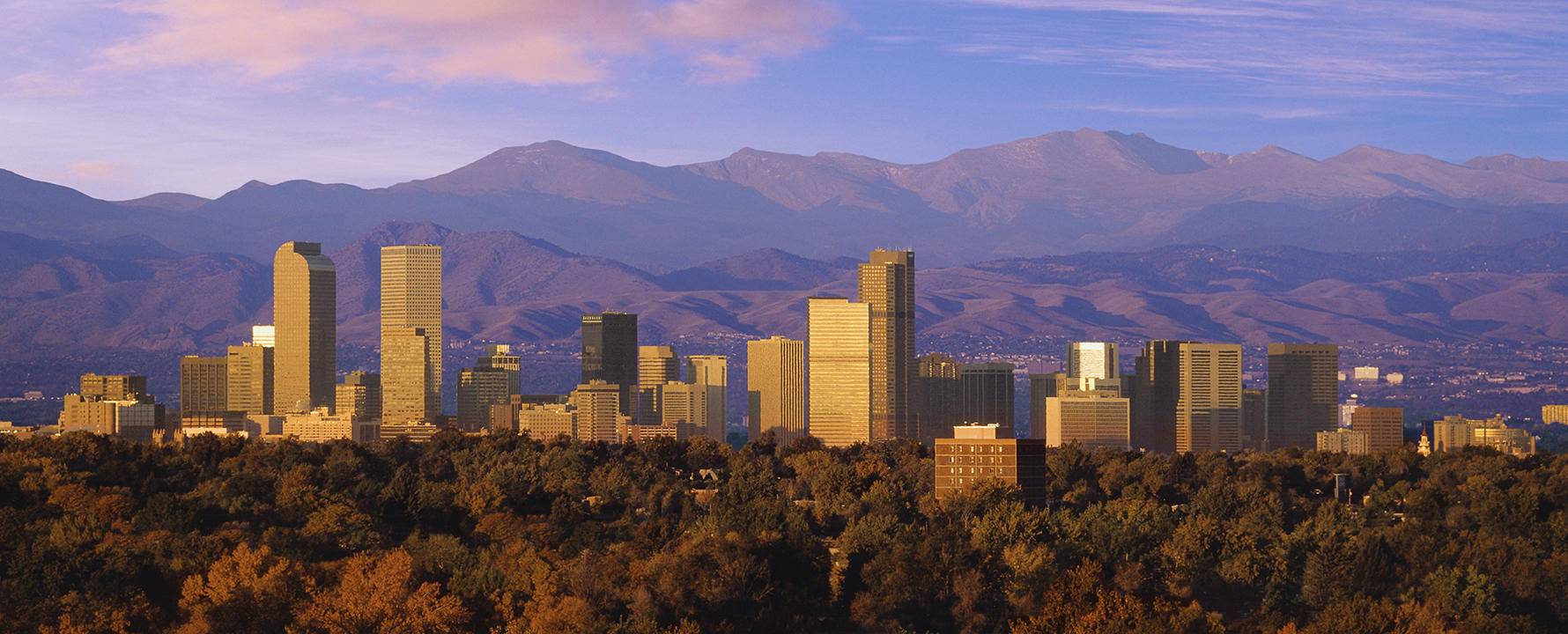 a city with trees and mountains in the background