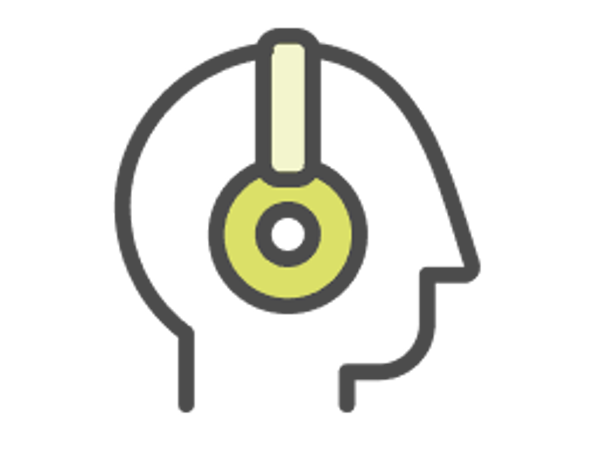 a head with a yellow circle and a white stripe