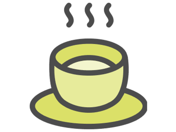 a yellow cup with a saucer and steam coming out of it
